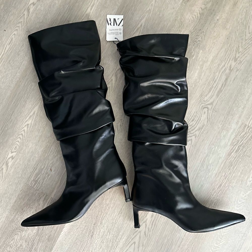 ZARA SLOUCHY LEATHER KNEE HIGH HEELED BOOTS